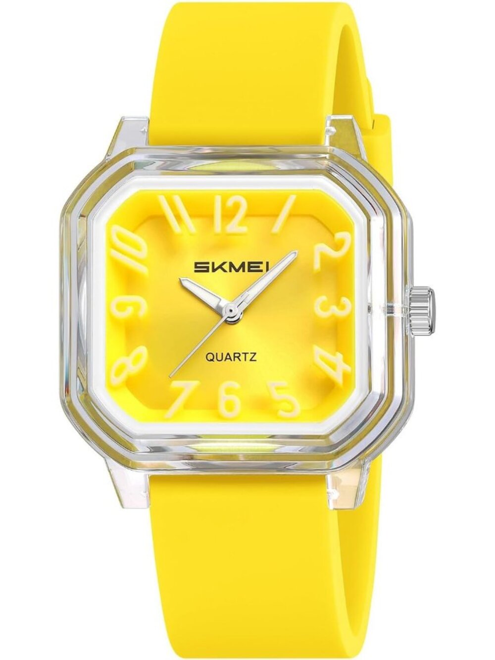 Women’s Yellow Big Arabic Numbers Silicone Strap Analog Square Wrist Watch